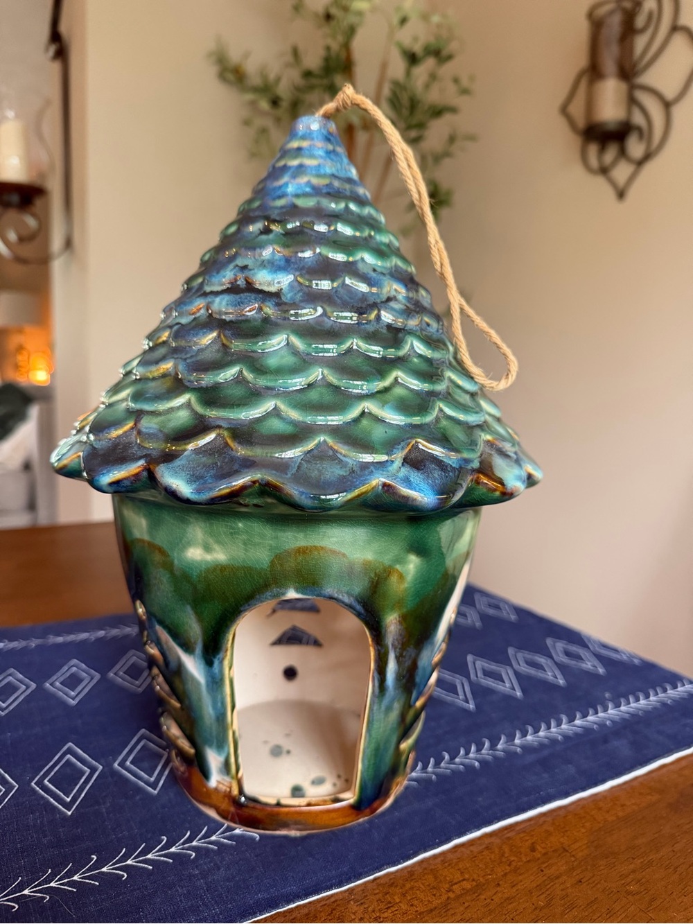 Ceramic Green-Blue Bird Feeder House with Hanging Loop
